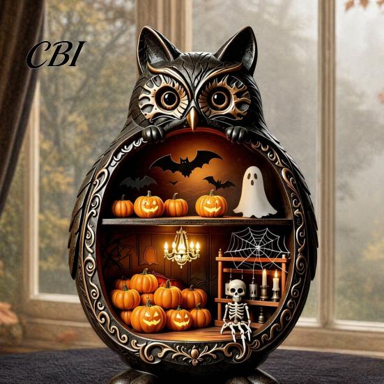 Vintage Wood Halloween Wooden Owl Tabletop Centerpiece, 2D Flat Pumpkin Ghost Bat Art Skeleton Standing Table Sign for Party, Shelf, Desk Decor Shelf
