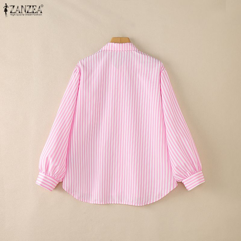 ZANZEA Women Casual Turn Down Collar Long Sleeve Stripe Blouse