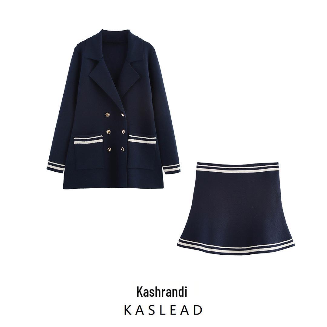 

2025 Spring Women s Double-Breasted Knit Cardigan with Midi Skirt - European & American Style M
