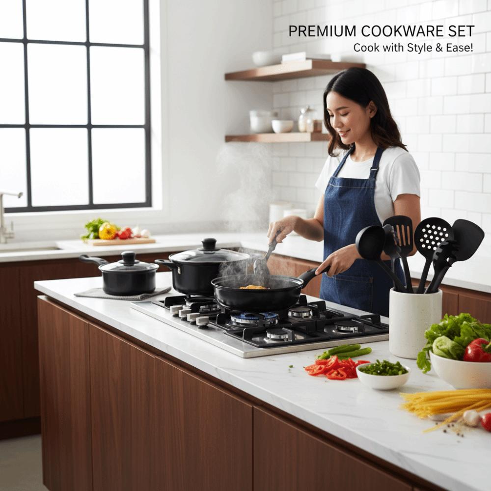 13pcs Non Stick Cookware Set with Lid Kitchen Cooking Set Durable Wok Stockpot Frying Pan  Household