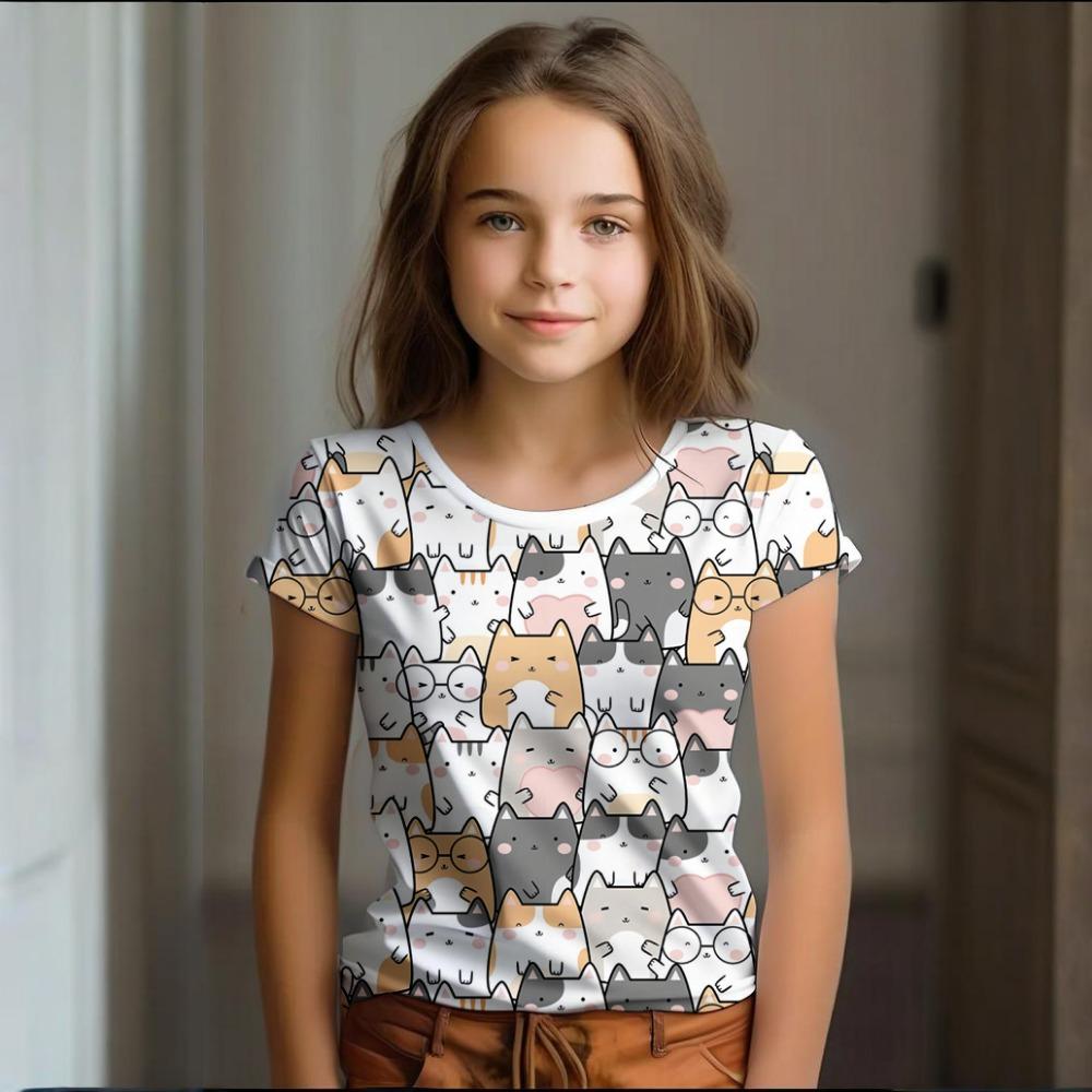 Girl Clothes Summer Cartoon Cat Graphic Children's Clothing  Doodling Short Sleeve O-Neck Top