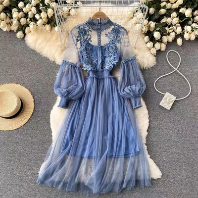 Vestido Feminino Tridimensional Flores Malha Temperamento Gola Lanterna Manga Vestidos Cintura Alta