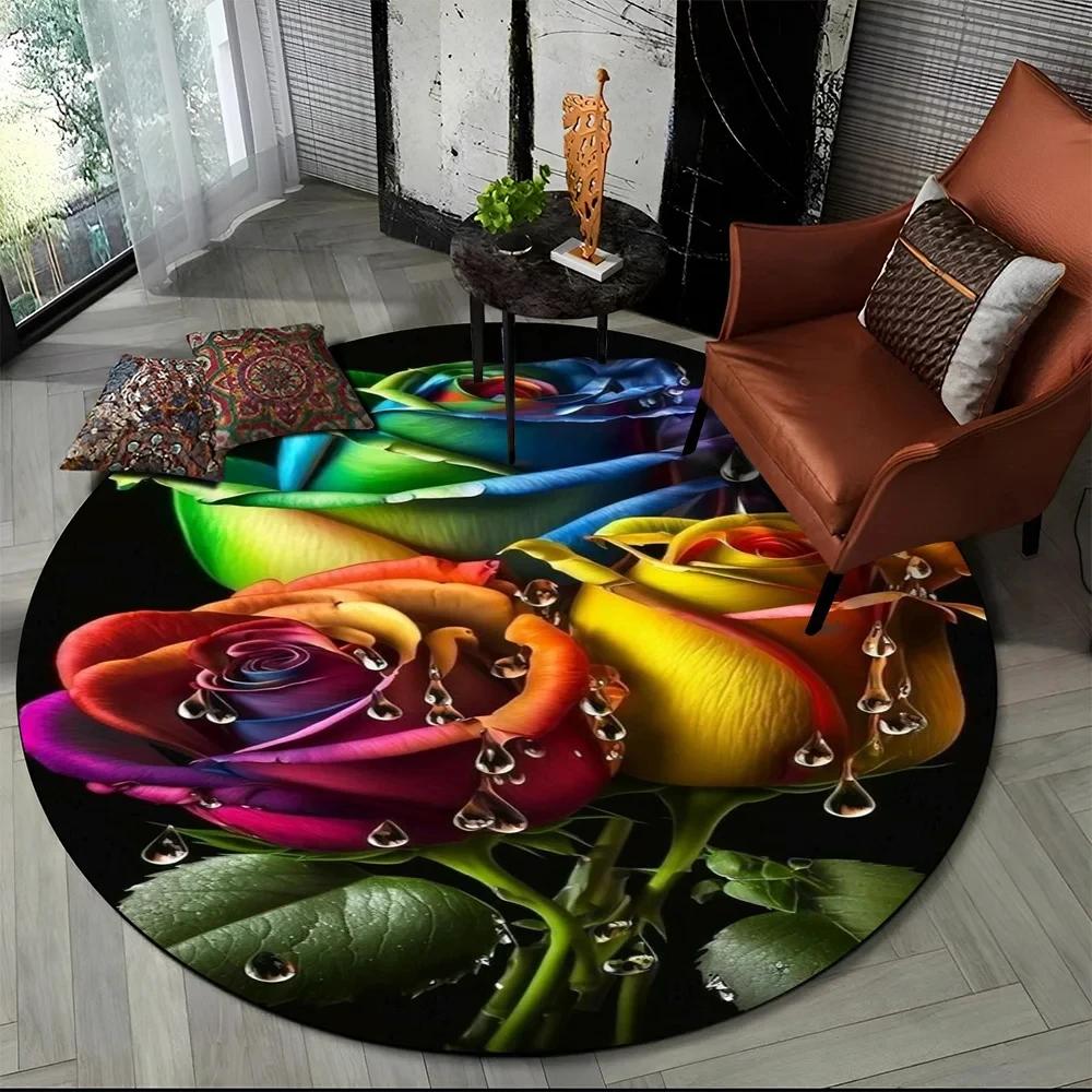 3D Luxusný koberec Flower Rose Daisy Nordic Okrúhly koberec do obývačky Spálňa Dekor stoličky do detskej herne, Protišmyková podložka pre domáce zvieratá