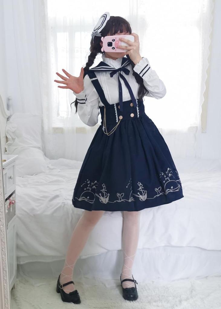 Lolita Long Sleeve Blouse High Waist Skirt Ribbon Tie Sailor Collar Claroli Costume Photo Shoot Cosplay Navy 4 Piece Set [Lady Lazy] (S)