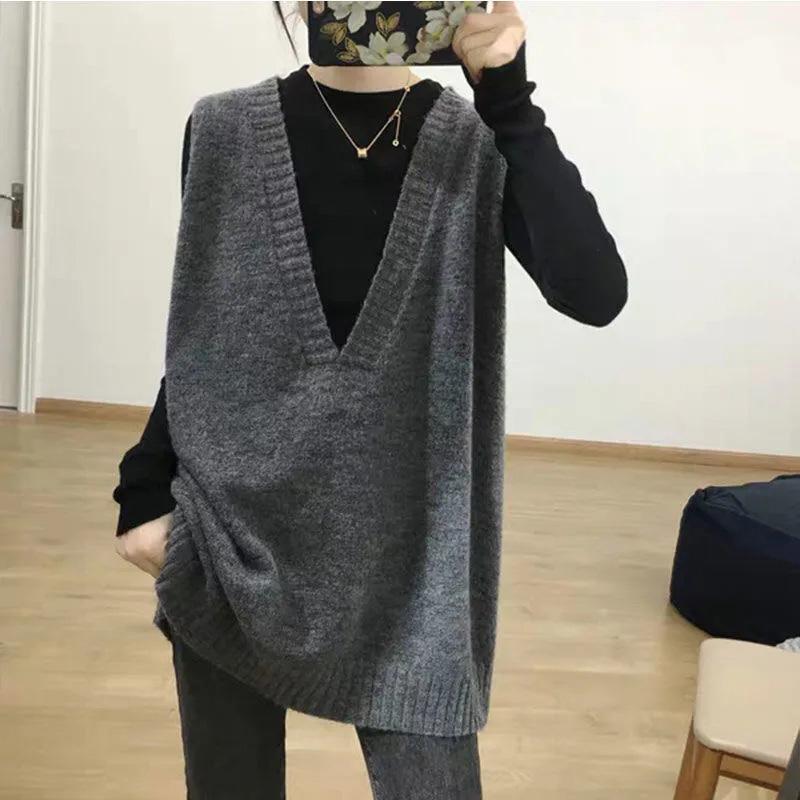 Women's Autumn Spring Vest Knitted Sleeveless V-neck Sweater Casual Loose Solid Color Sweater Vests