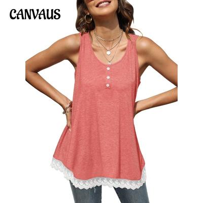 Summer Women's Tank Top Vest Hem Lace Patchwork Round Neck Sleeveless Tank Top