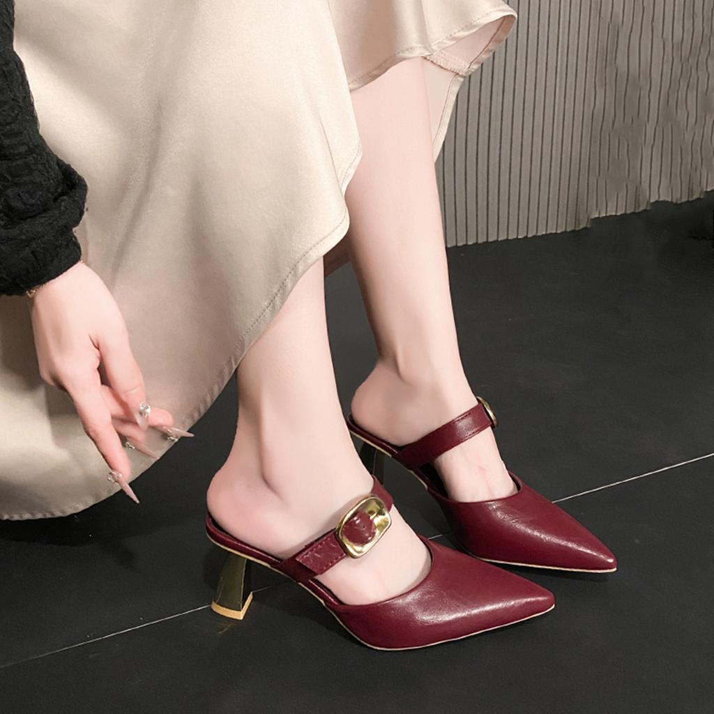 Fashion Shoes Woman's Slippers Cover Toe Square Heel Slides 2025 Summer Block Pointed Shoes Woman's Slippers Square Heel Pointed Toe Sli