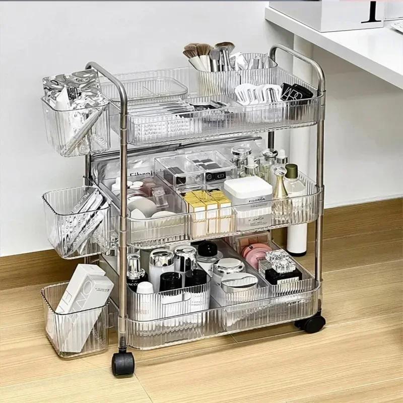 2/3 Tiers Rolling Cart Storage Shelf Transparent Acrylic Trolley Mobile Shelf with Wheel Multi-Layers Storage Rack