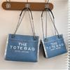 Stylish 2024 Autumn Fashion Letter Print Large Capacity Denim Canvas Tote Bag For Women In Black Blue And Sky Blue