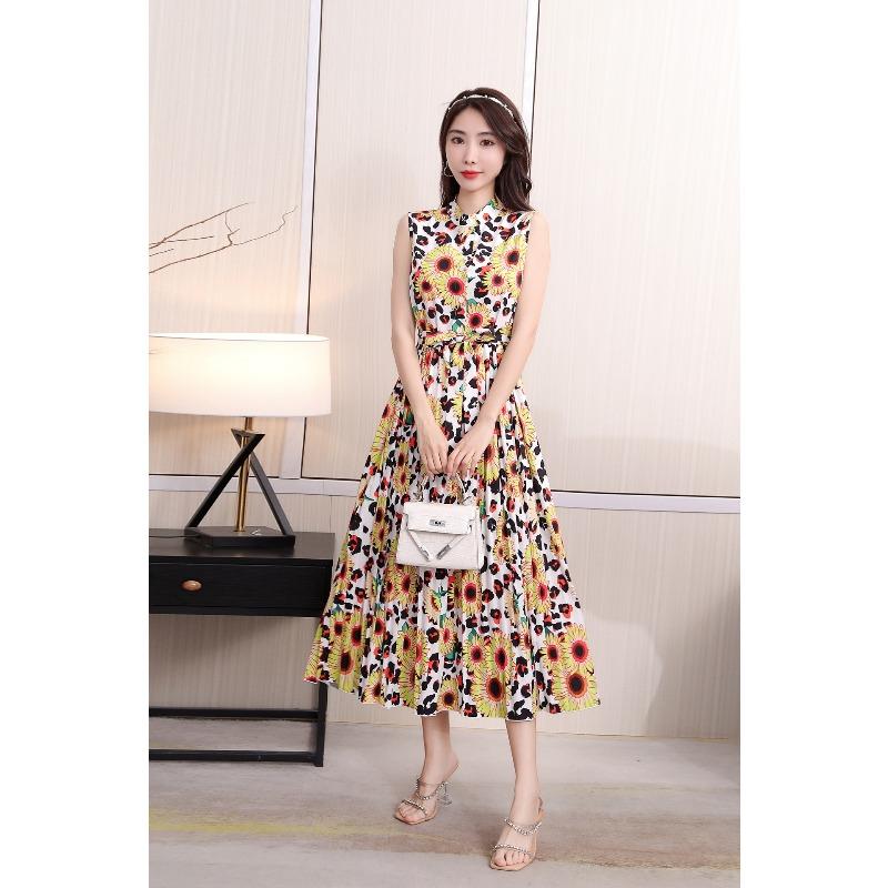 Summer casual style new waist thin dress women's pleated long dress versatile