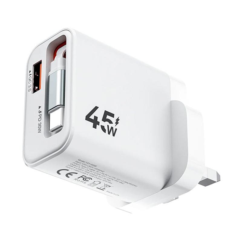 PD45W Foldable Charger with Built-in Cable for Apple & Samsung - US/EU/UK Standard, Fast Charging