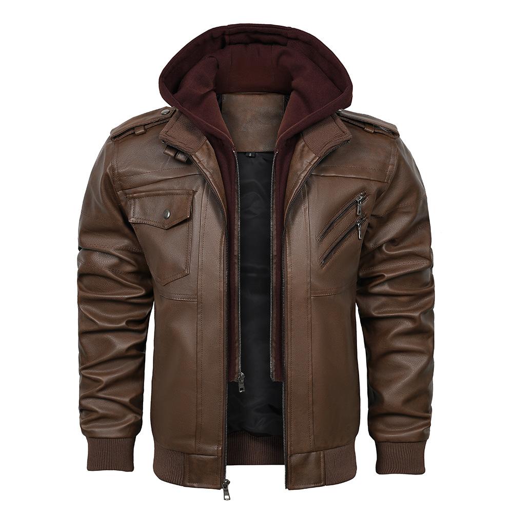 New men's clothing men's detachable hooded leather jacket zipper PU jacket European and American large size fashion jacket