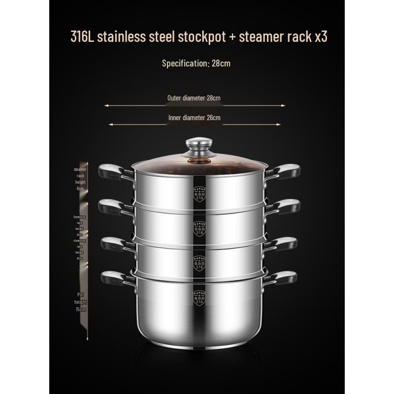 2025 Three-Layer 316 Stainless Steel Steamer & Soup Pot for Induction & Gas Stoves
