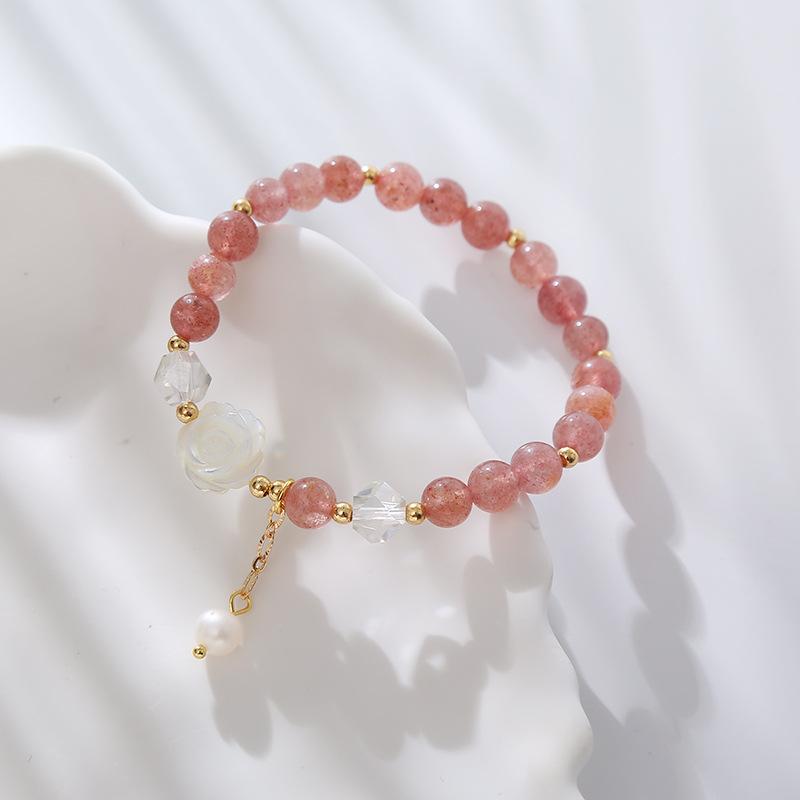Sweet Pink Strawberry Crystal Camellia Pearl Bracelet Bangles Women Fashion Jewelry Accessories Gift