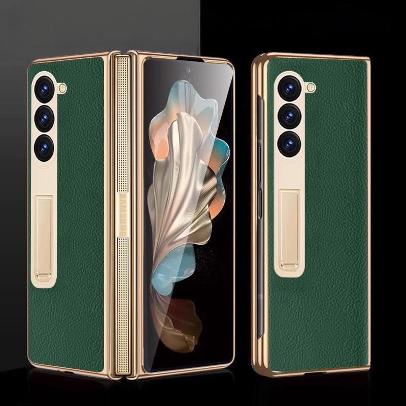 For Samsung Z Fold 7 Phone Case Electroplated Nappa Leather with HD Film Protective Cover Compatible for Samsung Z Fold 6 5 4 3