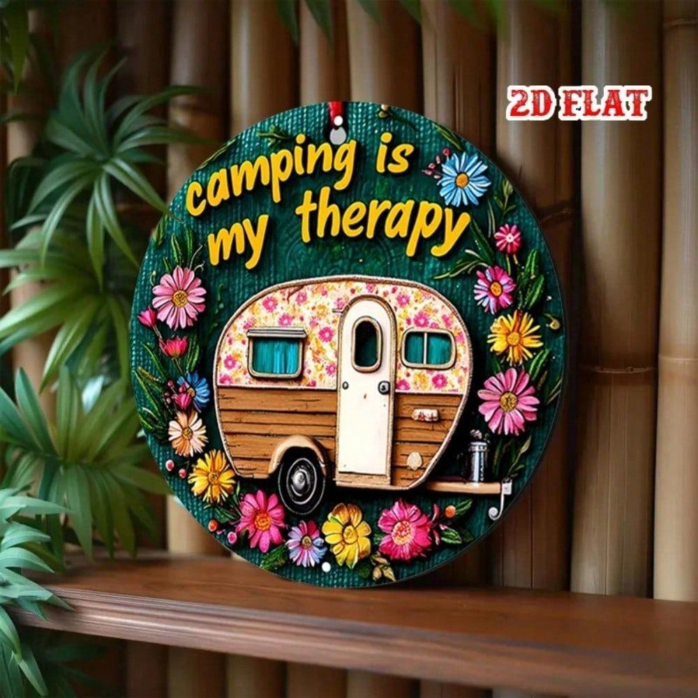 1pc Retro Camper Metal Sign Camping Is My Relaxation Round Wall Art Floral Design Vintage Aluminum Poster Home Living Room Bedroom