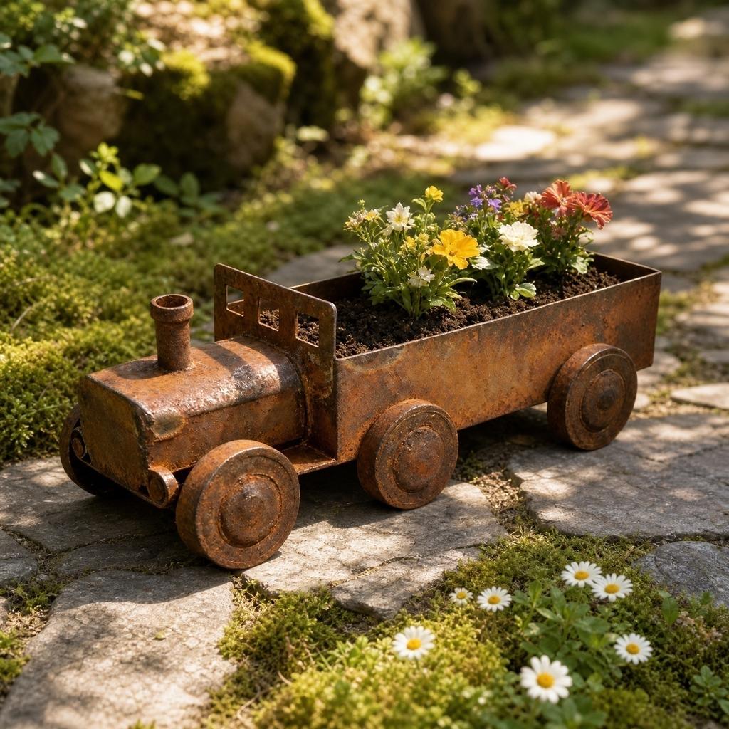 Rustikaler Dampflokomotivförmiger Metall-Pflanztopf Outdoor-Garten Dekorative Eisenkunst-Skulptur Blumentopf-Behälter für Hof Terrasse