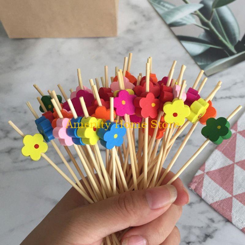 

F26C 100pcs Flower Food Picks Dessert Buffet Fruit Salad Fork Cake Muffin Party Veget 100pcs хаки