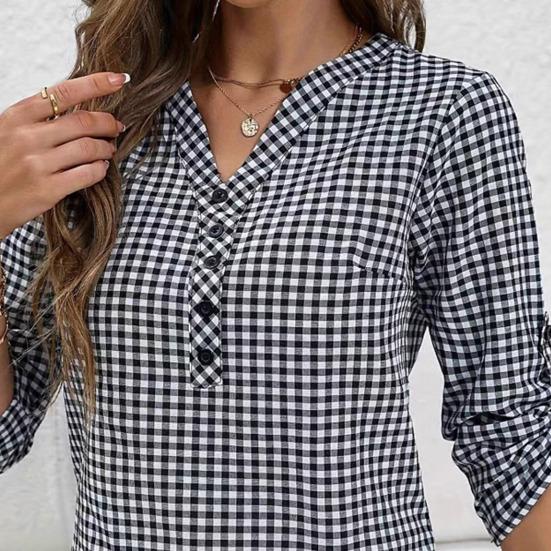Dámská košile s výstřihem do V, na knoflíky, s polovičním zapínáním, 3/4 rukávy, ležérní topy, volný střih, kostkovaný vzor, dojížděcí styl, letní košilové topy