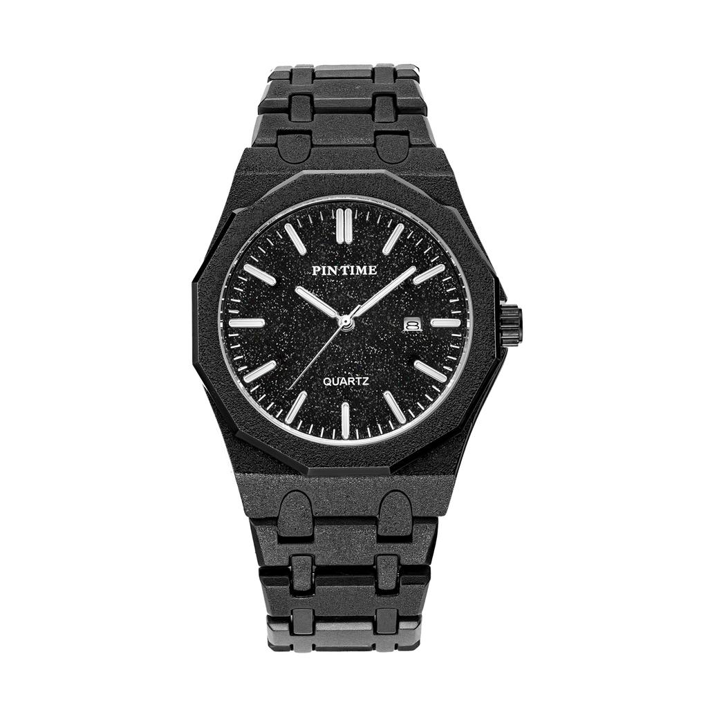 Men's Quartz Watch, Twelve-Sided Matte Black Stainless Steel Case, Unique and Trendy Starry Dial Design with a Small-Scale Desig