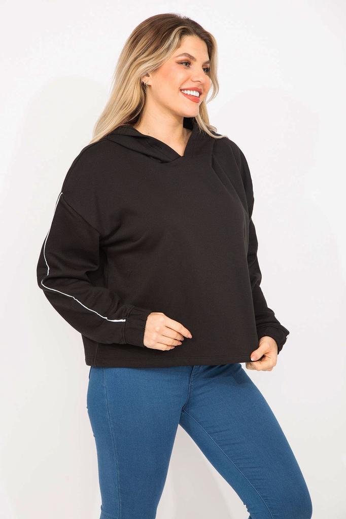 Damenstil Übergröße Sweatshirt Große Größe Schwarz Ärmel Kapuzensweatshirt mit Paspeldetail