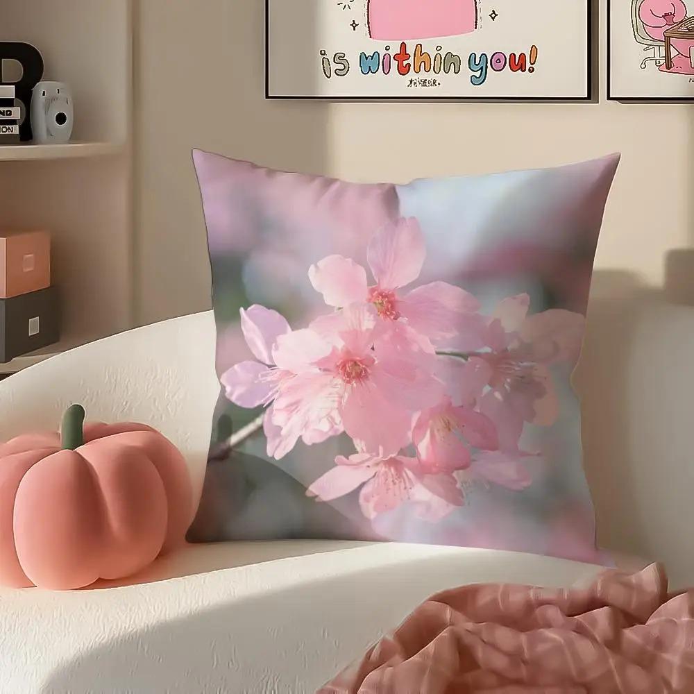 Each Skin Pillow Cover 2D Flat Printed Pink Cherry Blossom Sakura Cushion Cover Spring Floral Home Decor For Sofa Living Room