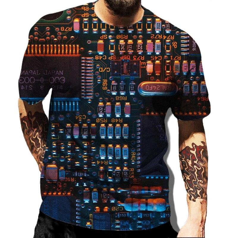 New Summer Fashion Electronic 3D Printing Cool Circuit Board Men's T-Shirt Harajuku Street Oversized Jacket Short Sleeve