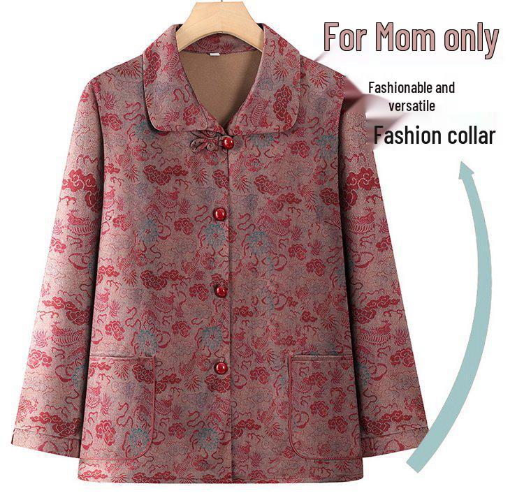 Spring National Style Long-Sleeve Lapel Shirt for Middle-Aged and Elderly Women