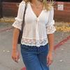 Pure Desire Style Lace Splicing V-Neck White Shirt Top 2026 Spring and Summer New Style Bow Tie Casual T-Shirt for Women