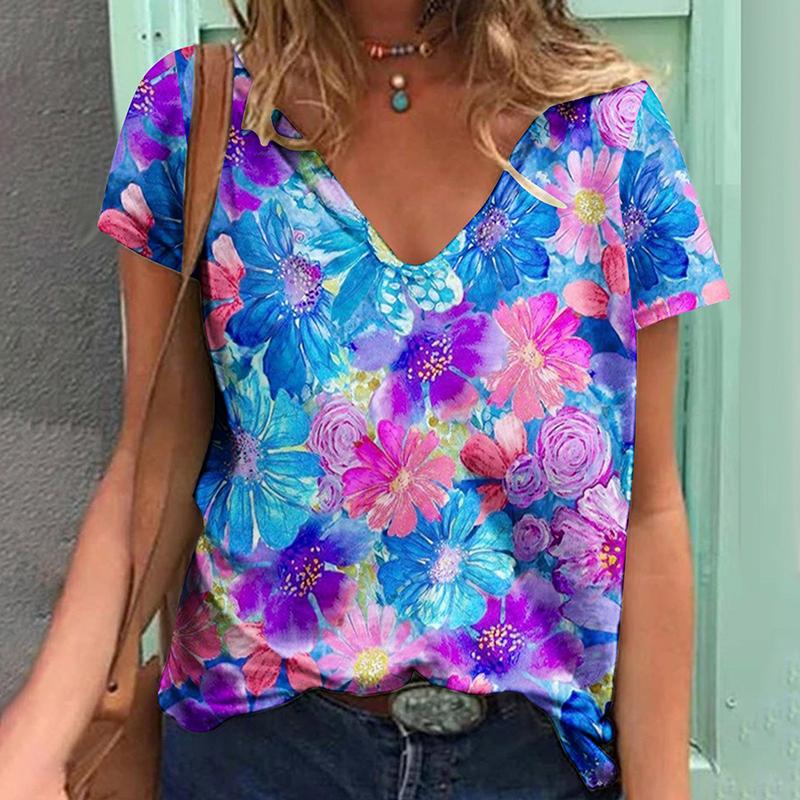 

Футболка с 3D-принтом растений и цветов, женская футболка с V-образным вырезом 5XL