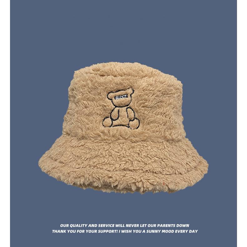 Embroidered Cartoon Bear Lamb Velvet Fisherman Hat Korean Style Trendy Winter Travel Versatile Warm Fashionable Sweet Pot Hat