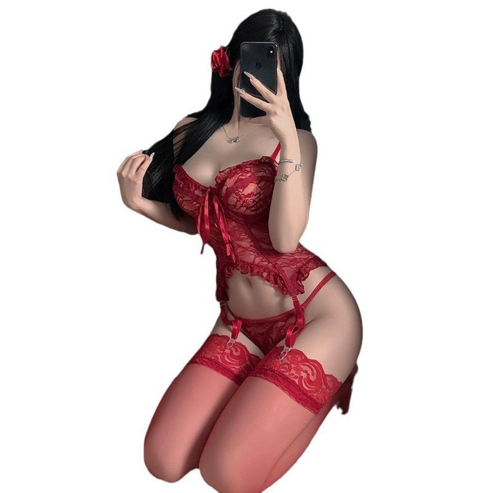Domila Erotic Underwear Sexy Lace Pure Desire Hollow Strap Set Pajamas Purple Waist Uniform Qqny