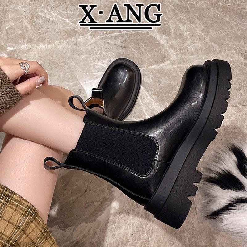 Leather Cigarette Boots Women's Chelsea Boots Short Boots Autumn and Winter New Thick-soled Height-increasing British Martin Boots Single Boots