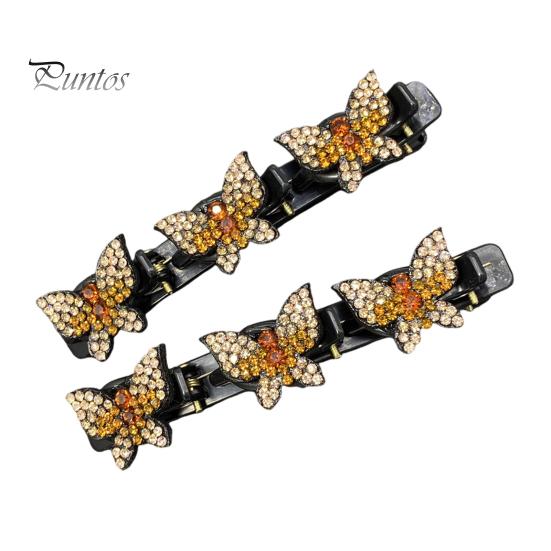 2Pcs Women Hairpins Sparkling Faux Crystal Butterflies Decor Braided Hair Clips Double Layer Bang Hair Pins