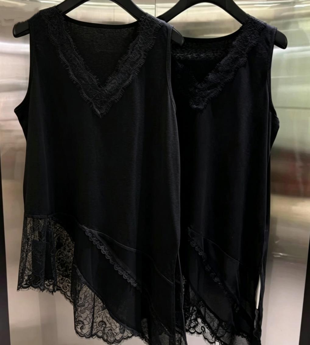 

2026 Early Spring Lace Patchwork V-neck Irregular Long Vest Women s Sleeveless Layering Top M чорний