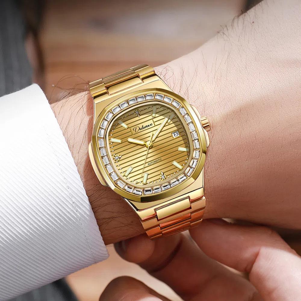 Dulunwe Zegarek na rękę ze stali nierdzewnej wodoodporny podświetlany wyświetlacz kalendarza zegarki biznesowe luksusowy zegarek męski automatyczny zegarek mechaniczny ze strasami