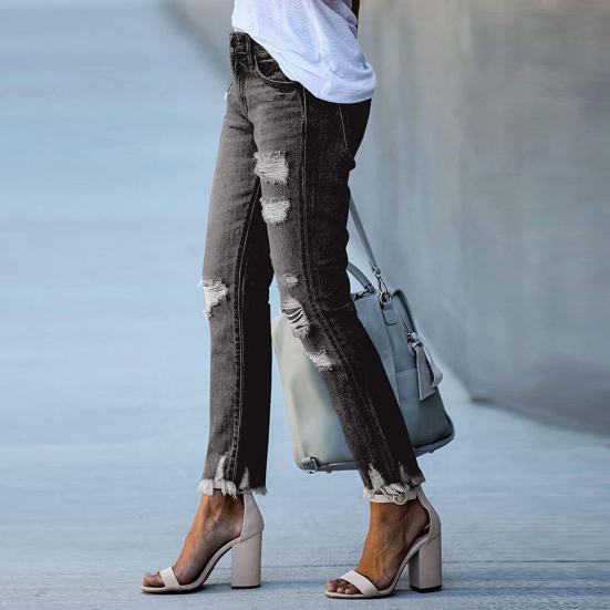 Women's Skinny Ripped Jeans Mid Rise Distressed Destroyed Denim Pants with Pockets Stretchy Slim Fit Jean Trousers