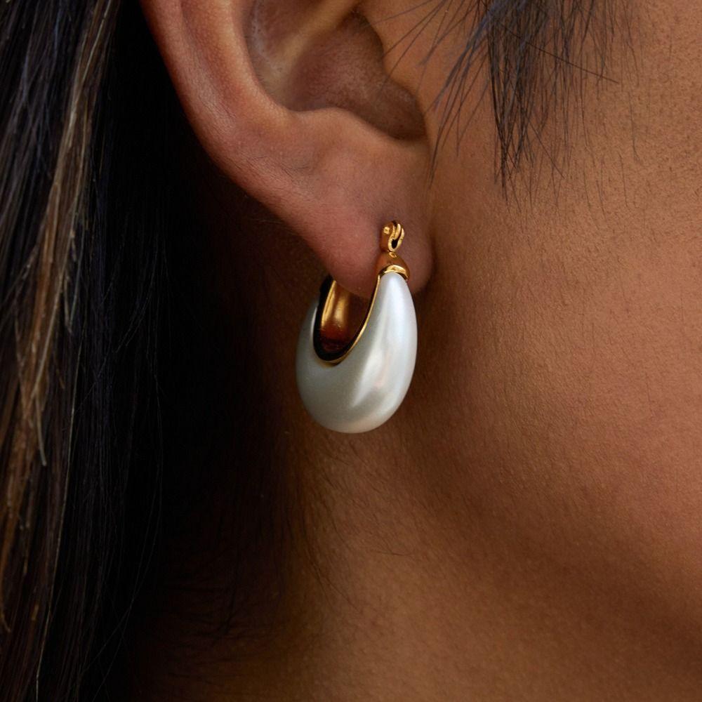 Stainless Steel Hoop Earrings Gold Color Huggie Earrings Vintage Resin Pearl Earrings  Gift