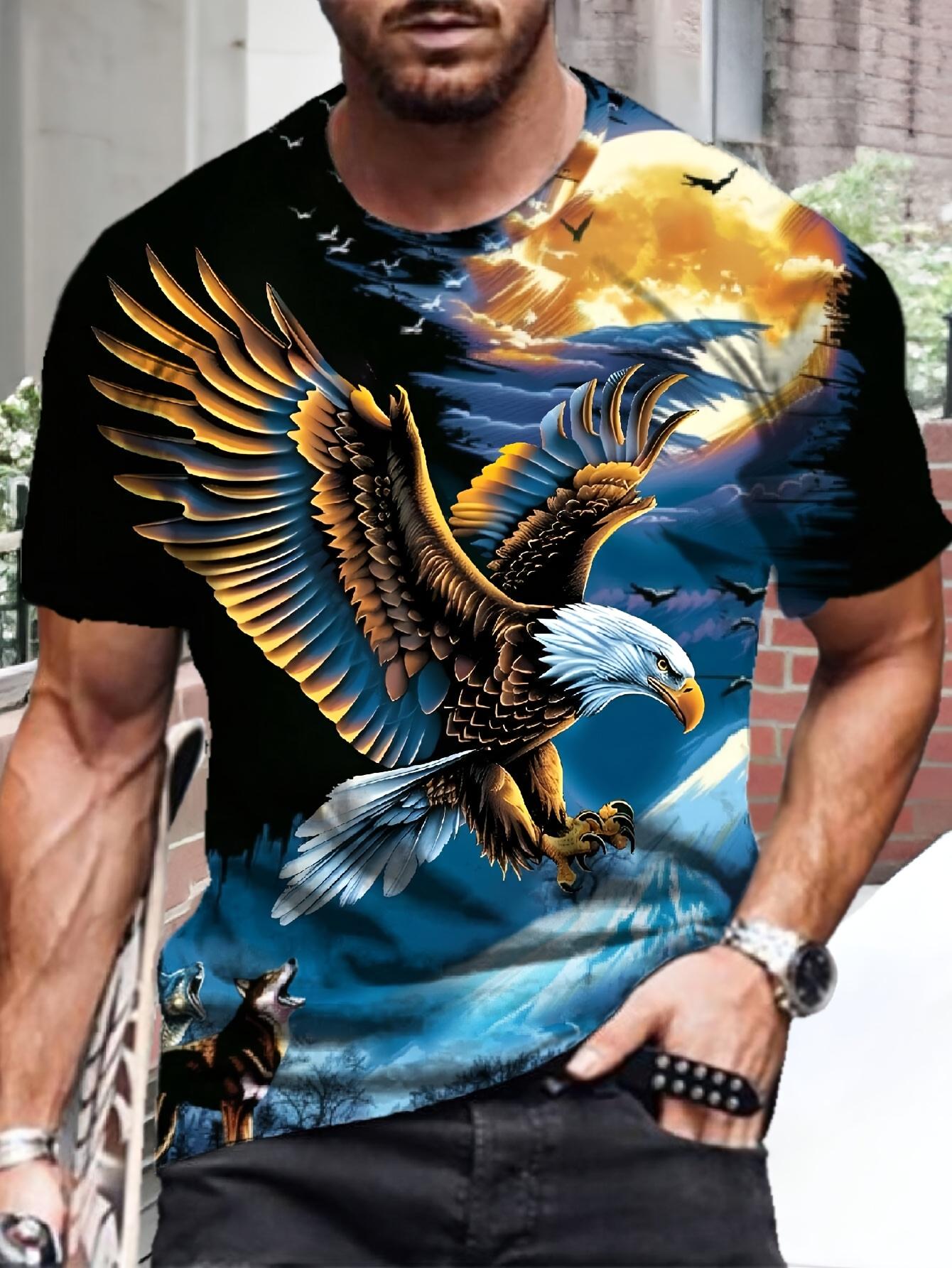 Men s 3D Eagle Graphic T-Shirt - Short Sleeve,Round Neck,Polyester Blend,Vibrant Eagle  Wolf Design,Casual Streetwear for Summer XL