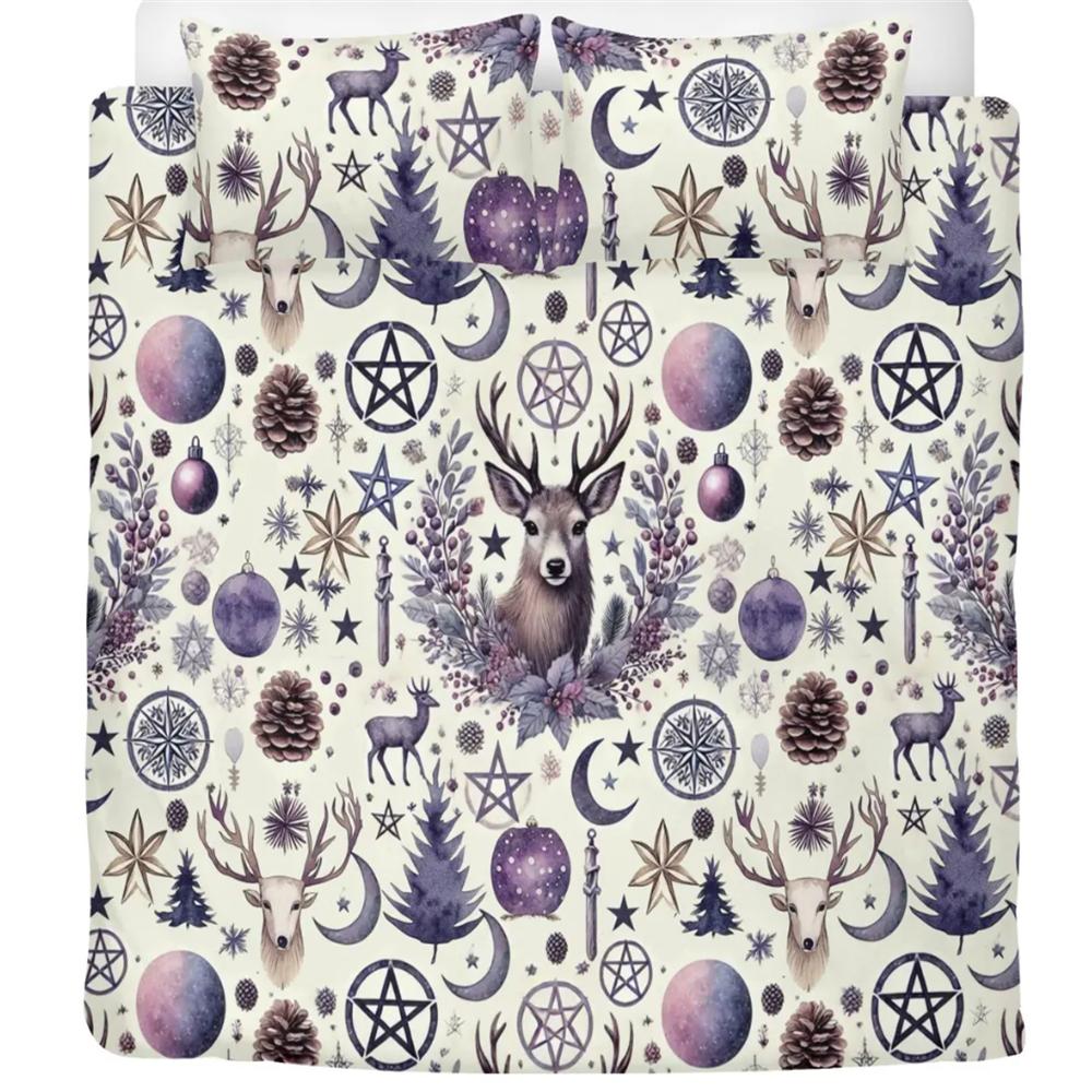 Cottagecore Winter Deer Forest 3 Pcs Beddings Pine Christmas Bedroom Decor Purple Holiday Vibe Duvet Cover Pillowcase Set