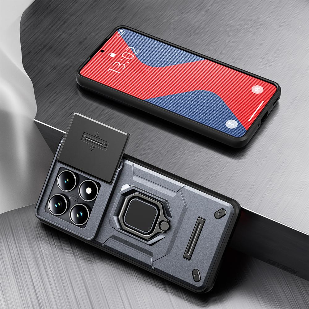 KEYSION Shockproof Armor Case for Xiaomi 14T Pro 5G Slide Camera Protection Ring Stand Phone Back Cover for Xiaomi 14TPro 14T 5G