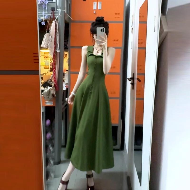 New Chinese sleeveless green neck sling dress for children's summer new waist temperament vest long dress