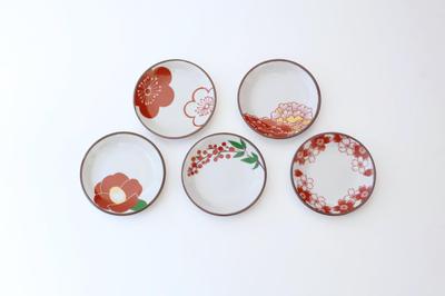 Saikai Pottery (Saikaitoki) Small Plate Set, Japanese Tableware, Hasami Ware, Red-Painted Flower Pattern Small Plates (Set of 5)
