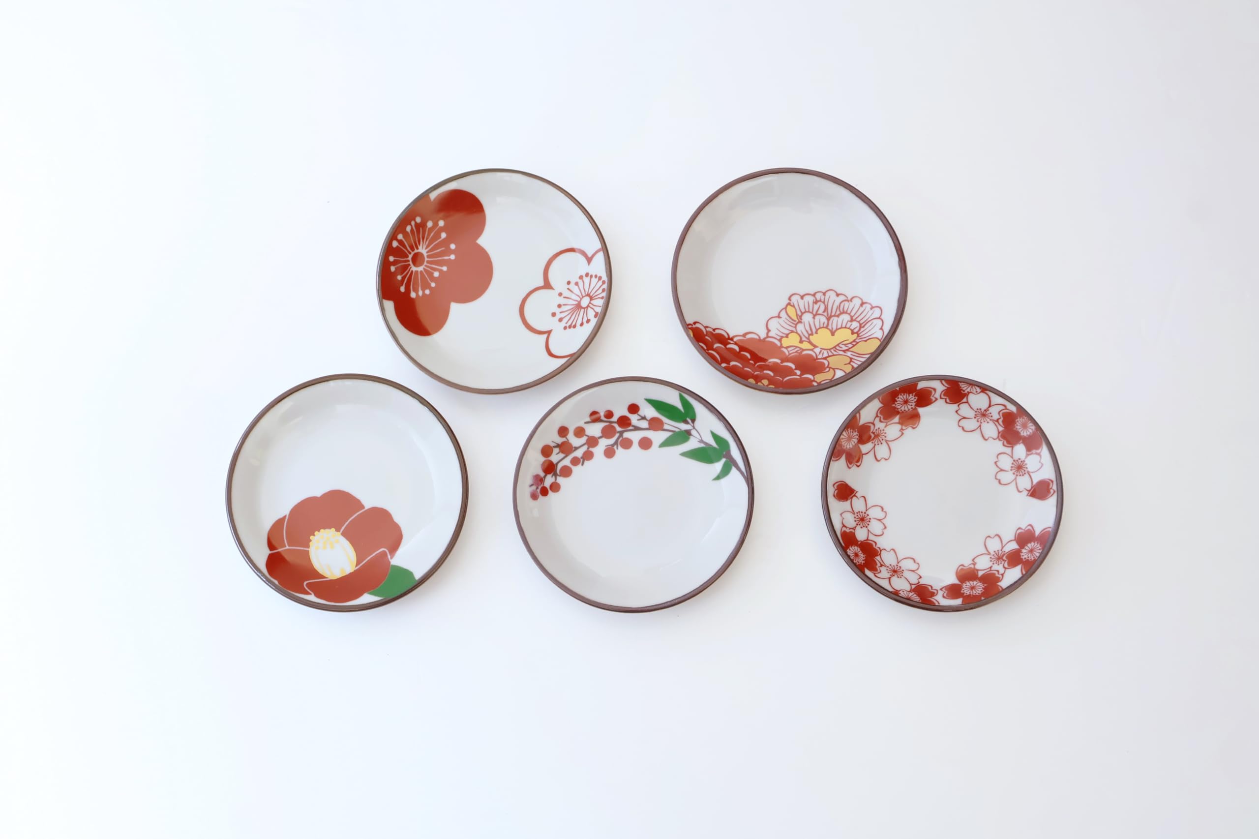 Керамика Сайкай (Сайкаитоки) Набор маленьких тарелок, Японская посуда, Керамика Хасами, Маленькие тарелки с красным цветочным узором (Набор из 5)