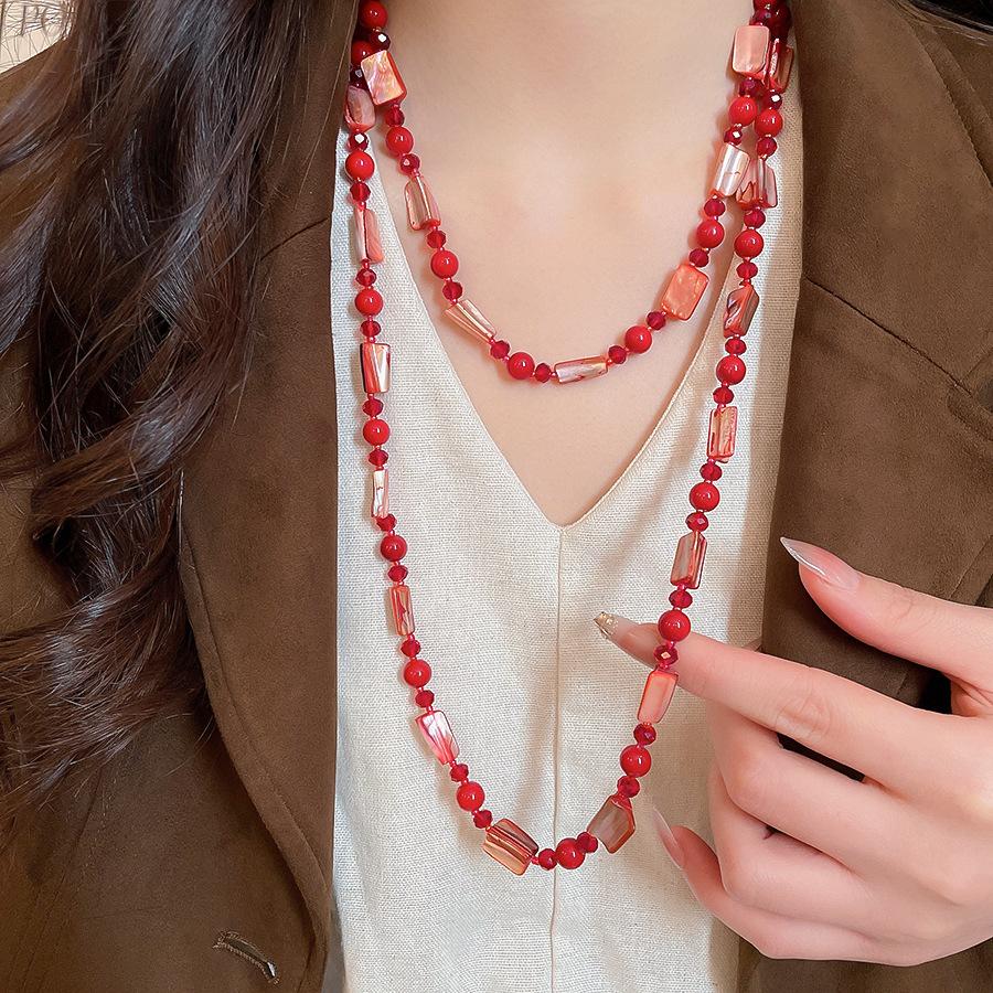 

Long Double Layered Strand Sweater Chain Ethnic Mix Color Irregular Geometric Shell Glass Beads Beaded Necklace for Women 122cm красный