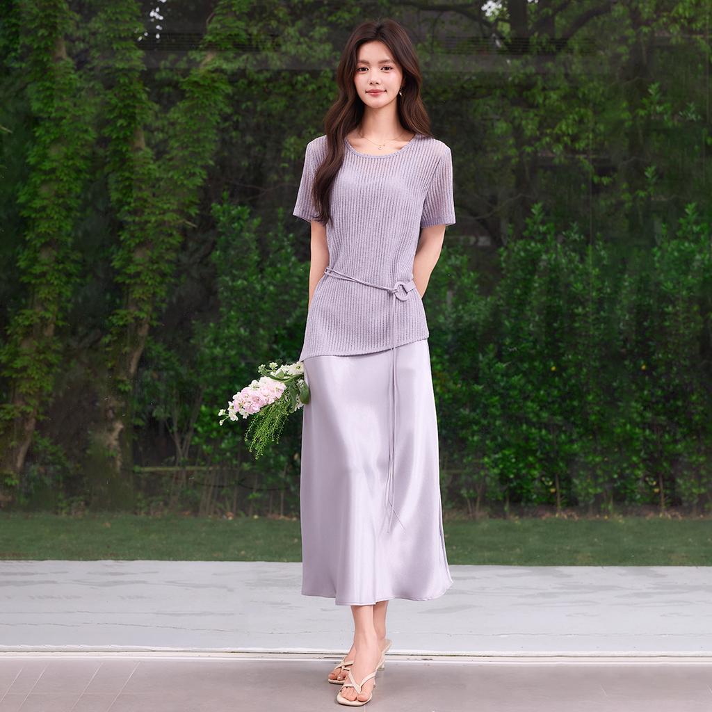 2026 Summer New French Lazy Style Hollow Knitted Hoodie, Satin Strap Skirt, Slimming Style Set for Women