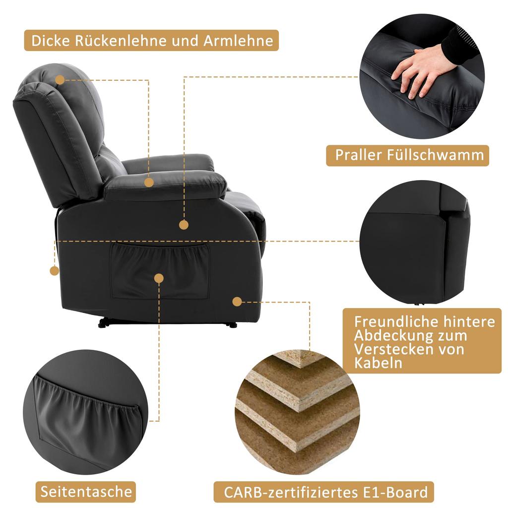 Recliner 130° Tiltable, Single Sofa Leg Rest, Pull-out Recliner PU Leather Armchair, Reclining Chair Side Pocket, Living Room, Black