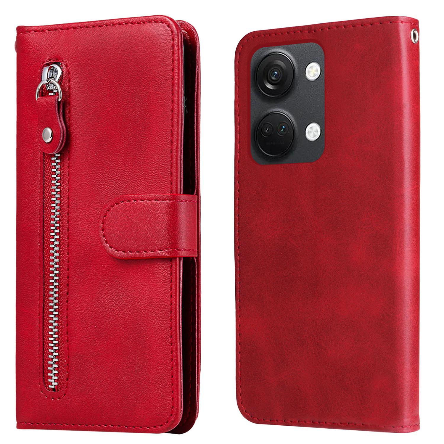 

For OnePlus Nord 3 5G/Ace 2V Zipper Pocket Foldable Stand Wallet Case Calf Texture Cell Phone Cover Red