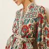European and American popular retro ethnic flower print dress women's lace edge belt waist lantern sleeve short skirt