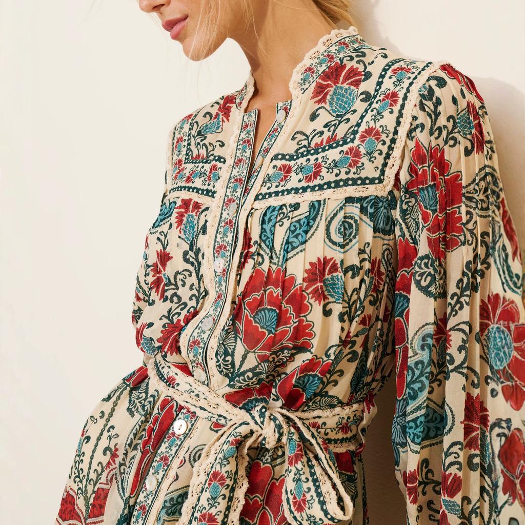 European and American popular retro ethnic flower print dress women's lace edge belt waist lantern sleeve short skirt